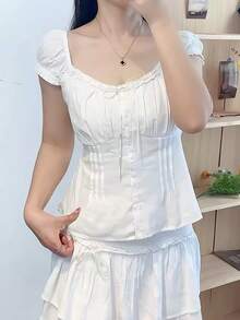Women Y2k Coquette Shirt Cute Short Sleeve Vintage Fairy Grunge Aesthetic Ruffle Crop Top 90s Preppy Clothes - 白色 - 查看 3