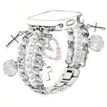 1pc Faux Pearl Beaded Watch Band Compatible With Apple Watch 38/40/41/42/44/45/46/49mm, Suitable For Women - Cuban Link Bracelet, With Cute Pendant Charm, Apple WatchWatch Seamsung Galaxy Watch 7/6/5/4/Active2 Classic 40/44mm, HUAWEI And Other 20mm/22mm Watch Faces (Band Only)