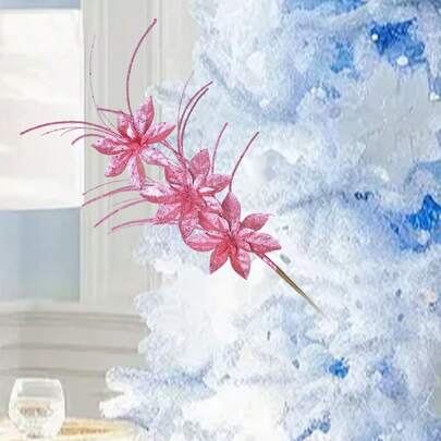 Christmas Tree Picks Glitter Artificial Poinsettia Flowers With Stems For Vase Home Holiday Party Decorations
