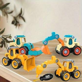 4 In 1 Take Apart Construction Vehicle Toy Set - DIY Building Educational Excavator Truck, 3+ Year Old Boys Girls Sand/Garden Digging Toy/Holiday/Birthday Gift