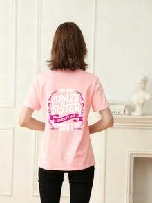 تيشيرت بأكمام قصيرة وياقة مستديرة مطبوع بطباعة جرافيكية كاجوال لفتيات المراهقات، توب صيفي