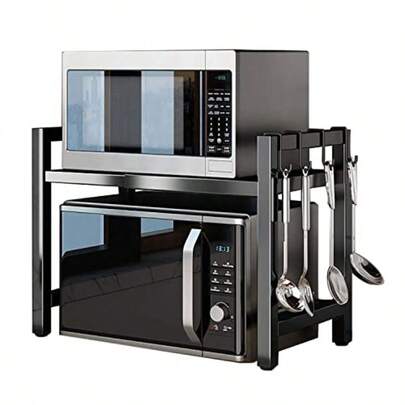 Microwave Expandable Shelf 4064 Cm Oven Rack Kitchen Organiser Adjustable Width And Height Stand Counter With 4 Hooks Black 1Tier
