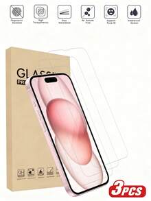 3pcs/Pack Tempered Glass Screen Protector, High Definition Transparent, Waterproof, Anti-Scratch, Compatible With Iphone7/8/X/XS/11/12/13/14/15 Pro Max/16 Pro Max/16 Plus/17/17 Pro/17 Pro Max/17 Air