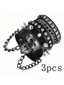 一套朋克摇滚铆钉骷髅星形手链，尖刺铆钉带手链，PU皮革手镯，机车链条手链，男女通用，80年代90年代腕带链条手链，黑色哥特蒸汽朋克风格，可调节，男女皆宜的时尚复古配饰，万圣节派对礼物