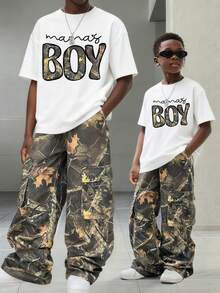 Conjunto de camiseta de manga corta con cuello redondo y estampado de dibujos animados y pantalones para niño preadolescente - Blanco - Ver 1