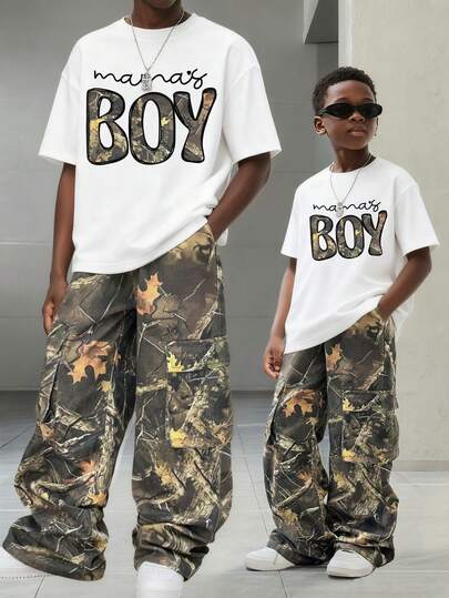 Conjunto de camiseta de manga corta con cuello redondo y estampado de dibujos animados y pantalones para niño preadolescente