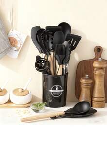 14/15pcs Black Silicone Kitchen Utensil Set With Wooden Handles: Complete Cooking Tools In Organizer Bucket For Modern Kitchens - Multicolor - View 1