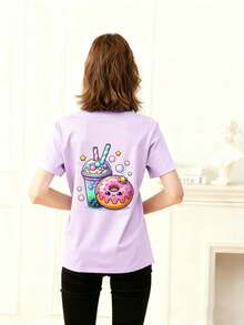 Teen Girl Casual Funny Print Round Neck Short Sleeve T-Shirt, Summer Top - Purple - View 2