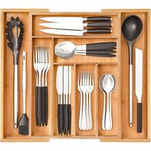 8 Compartimentos Bandeja para Cubiertos Expandible de Bambú,Organizador de Cocina Ajustable 100% de Bambú EcoFriendly,Bandeja de Madera para Cajón,Multiusos para Almacenar y Ordenar. - -3 - Ver 2