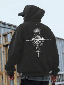 Sudadera Casual de Otoño Invierno para Hombre - Impresión de Brújula del Universo Geométrico Verde Oscuro, Sudadera Holgada, Diseño de Cordón, Cuidado de Lavado a Mano, Moda de , Costura de Alta Calidad, Estilo Urbano, Esencial de Otoño - Negro - Ver 7