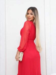 Women's Long Tulle Dress With Long Sleeves For Parties And Weddings. - 紅色 - 查看 2