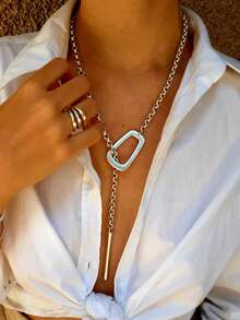 1 chiếc vòng cổ choker hình vuông rỗng bằng kim loại bạc độc đáo thời trang có thể điều chỉnh, vòng cổ dài bằng kim loại chống trượt hình vuông mở phóng đại kiểu Punk, thích hợp cho trang phục hàng ngày, đi nghỉ, dự tiệc của phụ nữ - Bạc - Xem 4