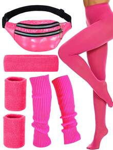 D EXCEED 5/6件套80年代女士运动服饰配件 – 头带、腕带、腰包、腿套、半透明纯色连裤袜，适用于瑜伽、户外运动、80年代主题团体运动服、节日礼物 - 彩色 - 查看 16