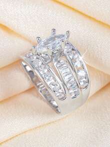 1pc Elegant Luxury Men's Engagement Ring, Inlaid With Oval Zirconia, Exquisite Double-Ring Design, Suitable For Weddings, Banquets, And Holiday-Themed Jewelry - Silver - View 3