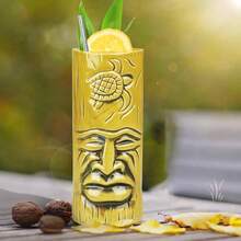 Tiki - Juego de 2 vasos para ccteles, tazas Tiki de cermica Tiki con posavasos para decoracin de bar, juego de tazas creativas Tiki grandes vasos hawaianos Tiki Bar Tropical Drinkware Barware para - Verde y amarillo - Ver 8