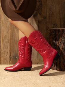 Women's Cowboy Boots Embroidery Stitching Pull-On  Almond Pointed Toe Chunky Heel Fashion Matching Dress Red Mid-Calf Boots - Đỏ - Xem 3