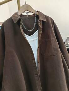 Plus Size Women's Solid Color Pocket Front Button-Down Casual Shirt Spring - Dark Brown - View 3