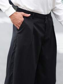 男士宽松直筒裤，褶皱面料休闲裤 - 黑色 - 查看 6