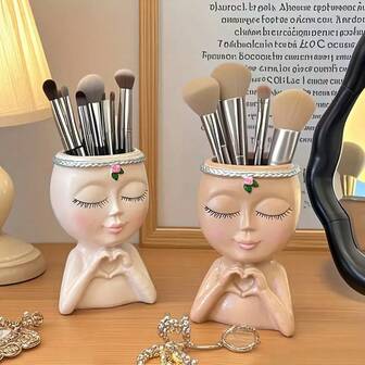 1 st abstrakt figur staty ansikte sminkborste förvaringsrör, sminkbord skrivbord borste pennhållare förvaringsställ skola kontorsmaterial förvaring