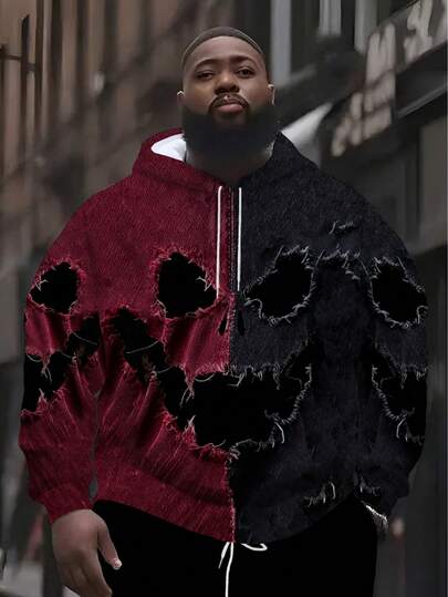 1pc Plus Size Men's Black & White Patchwork Skull 3D Print Hoodie Sweatshirt, Loose Fit With Distressed Denim Look, Streetwear Dark Vibe, Kangaroo Pocket With Drawstring, Machine Washable