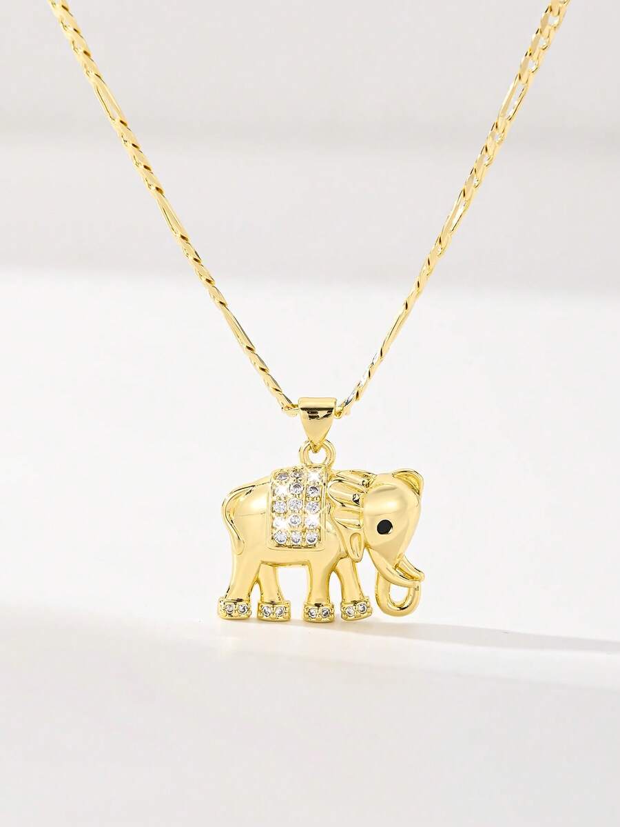 1pc Elegant & Cute Copper Inlaid Zirconia Lucky Elephant Pendant Necklace, Suitable For Gifting To Family/Friends, Multipurpose, Luxury, Party, Banquet, Holiday, Gift - Yellow Gold - View 1
