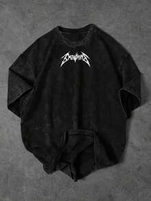 Men's Vintage Washed Y2g Streetwear Casual T-Shirt-Men's Heavy Weight Retro Washed Loose T-Shirt-Second-Hand Black Color Nostalgic Workout Shirt With White Greek Letter Print, Round Neck Short Sleeve Casual And Sports Top, Machine Washable Suitable For Fitness, Daily Wear And Wear Bandage Dress (Durable Retro Appearance, Youth Loose Design, Comfortable Fit, Long-Term Non-Fading, Ideal For Leisure And Fitness)-Thick Fabric, Distressed Texture, Young Style, Suitable For Gym And Weekend Wear, Plus Size-Suitable For Daily Wear, Party2025 - màu đen - Xem 2