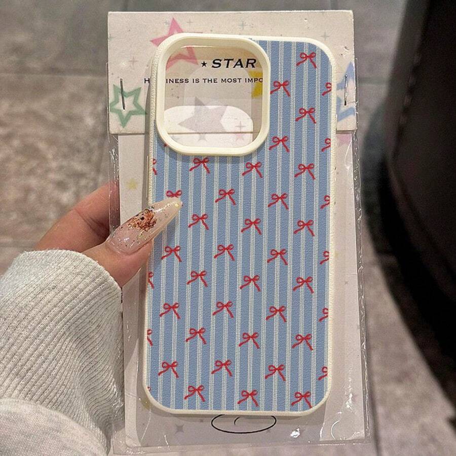 1pc TPU Material Elegant Blue Striped Red Bow Design Phone Case Compatible With IPhone 17 Pro Max/17/16 Pro Max/15/13/12/11, S20 FE/A15/S24/A55, Redmi Note 11/Note 12/Note 13 Pro, Full-Body Soft Protective Cover - White - View 1