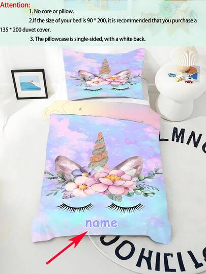 2PCS Customized Duvet Cover Set (1 Double-Sided Duvet Cover+1 Single-Sided Pillowcase) Personalized Customized Unicorn Duvet Cover Made Of Polyester Material With Digital Printing, Suitable For Girls As A Gift For All Seasons