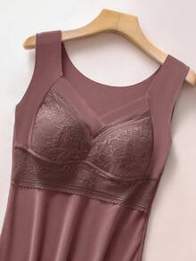 Women's Warm Vest, New Mesh Patterned Fleece Thermal Underwear, Comfortable Fixed Cup Push-Up Bra, No-Wire Bra, One-Piece Sleeveless Warm Heated Base Top.