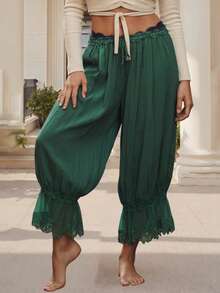 Women Long Bloomer Pants Lace Trim Victorian Pantaloons Capri Pants Lounge Pjs Pettipants Y2K Pajama Bottoms Ruffle Pumpkin Pants Under Dress Slips - màu xanh lá - Xem 4