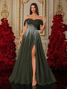 Ein königsblauer Farbverlauf Pailletten Stickerei Off-Shoulder Tüll Maxirock Luxus Abendkleid - Grün - Übersicht 3