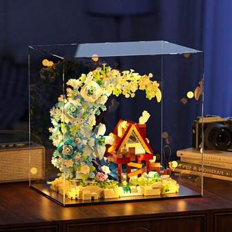 一套月亮花木屋积木，逼真的木质花朵和月亮积木，可DIY组装，收藏展示，减压玩具，家居/办公装饰，成人积木，婚礼/节日/生日礼物