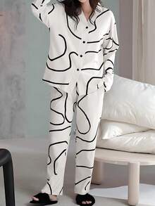 AICJ 2pcs Women Casual Solid Color Robe & Irregular Print Pants Pajama Set, V-Neck Long Sleeve Top, Comfortable Loungewear For Spring, Summer, Autumn