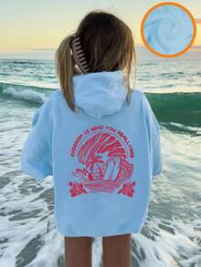 Tween Girl Tropical Print Pullover Sweatshirt Sweatshirt, Warm & Comfortable Thermal Lined Pullover Sweatshirt For Autumn/Winter - Baby Blue - View 3