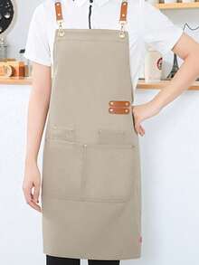 Delantal de lona impermeable y resistente con pechera ajustable y correas de cuero sintético - Adecuado para cafeterías, tiendas de té con leche y salones de belleza, uniforme de trabajo para damas, delantal de limpieza de cocina - Multicolor - Ver 13