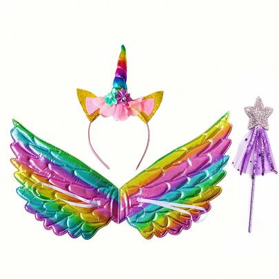 3件套：独角兽彩虹头箍、彩虹翅膀、星星魔法棒，派对服装头饰、派对翅膀，适合生日派对、庆祝活动