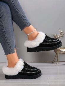 Women's Winter Indoor/Outdoor Lace-Up Thermal-Lined Warm "Style" Snow Boots, New Fashionable & Comfortable Closed-Toe/Stitched Mark Slippers, Classic Warm Fuzzy Thick-Soled Snow Boots,Fur Boots - Black - View 2