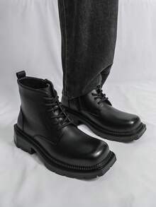 Men's Black Boots Office Party Casual Style Square Toe Lace Up Boots Motorcycle Boots Pu Top Chelsea Boots