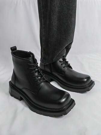 Men's Black Boots Office Party Casual Style Square Toe Lace Up Boots Motorcycle Boots Pu Top Chelsea Boots