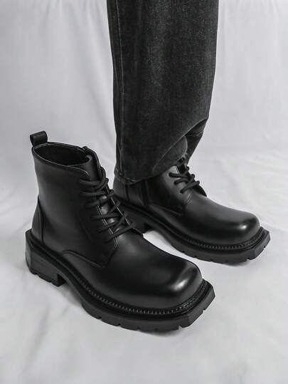 Men's Black Boots Office Party Casual Style Square Toe Lace Up Boots Motorcycle Boots Pu Top Chelsea Boots