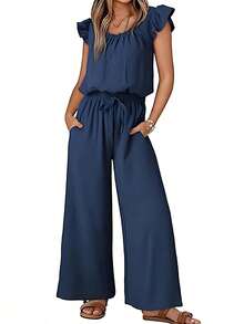 Womens Summer Loose Spaghetti Strap Short Jumpsuit Rompers - Azul Marino - Ver 5