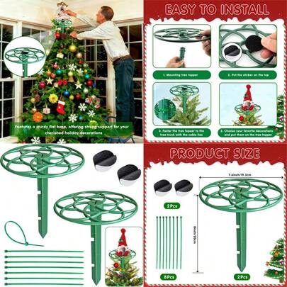 2 Pack Christmas Tree Topper Holder Flat Base Universal Tree Topper Stabilizer Plastic Green Support For Star Angel Snowman Gnomes Decoration