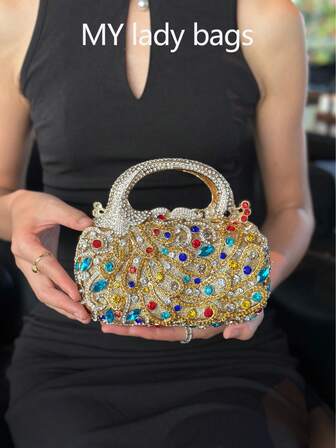 奢华水钻镂空晚礼服，水钻彩色钻石孔雀手提包，小方包，女士