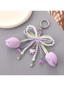 Elegant Tulip Keychain – Soft Pink, Mint Green, Lavender & White With Beads & Flower Charms, Durable Key Ring For Car, Keys, Bags, Perfect Birthday Gift & Portable Accessory - 粉色 - 查看 3