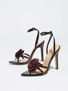 Damenschuhe mit hohem Absatz, modisch für Partys, Zusammenkünfte, Outdoor-Events. Spitze Zehenpartie, Blumen-Rosendesign, verstellbarer Knöchelriemen, weiches spiegelndes Material, elegante und luxuriöse kaffeebraune Farbe, vielseitig für formelle Anlässe und Partys - Kaffeebraun - Übersicht 6