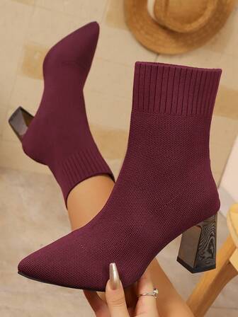 Women's Minimalist Fashion Pointed Toe Chunky Heel Mid-Calf Boots, Comfortable Warm Elastic Slim Fit Ankle Boots, Suitable For Spring, Autumn And Winter