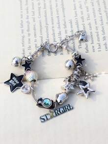 1条星光少女音乐节时尚手链，1条豹纹星星吊坠手链，Y2K摇滚明星DIY手链，时尚朋克迪斯科球手链 - 銀色 - 查看 5