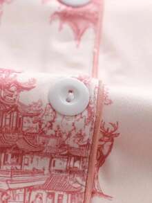2pcs Plus Size Women Elegant Sleepwear Set With Ink Painting Design - Comfortable Long Sleeve Button-Up Top And Relaxed Pants, Spring/Summer/Autumn Loungewear - Baby Pink - View 4