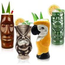 Cocktail Tiki Mugs Set of 4 - Large Ceramic Hawaiian Cocktail Mugs Drinkware, Cute Exotic Cocktail Glasses, Tiki Bar Professional Hawaiian Party Barware - TKSET0011 - Paquete de 4 - Ver 2