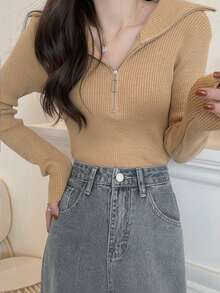 女士休闲时尚拉链半领长袖针织毛衣上衣，修身设计，春季款 - 金杏色 - 查看 3